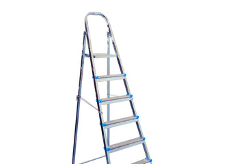 Big metal ladder on the white background of the wall, isolated on a white background