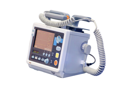 Portable cardio defibrillator, medical equipment in operating room, isolated on white background