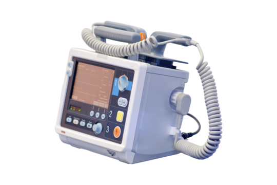 Portable cardio defibrillator, medical equipment in operating room, isolated on white background