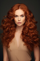 Fototapeta premium Redhead girl with long and shiny wavy red hair. Beautiful model with curly hairstyle