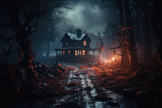 Mansion terrorifica por la noche en un bosque lugubre nocturno con vegetacion de oto&ntilde;o. Concepto de halloween