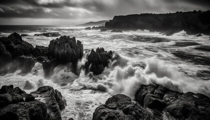 Nature beauty in black and white A dramatic coastline sunset generated by AI
