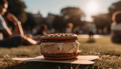 Summer picnic Gourmet dessert, sweet fruit, and refreshing drinks outdoors generated by AI