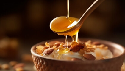 Organic almond honey bowl, a sweet and healthy dessert indulgence generated by AI