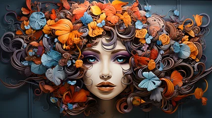 Zelfklevend Fotobehang Spray painted graffiti on the wall. Beautiful woman wearing wig of flowers. © Jan