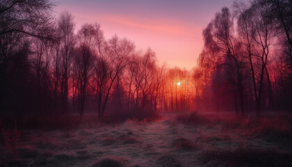 Fototapeta na wymiar Tranquil autumn forest, mysterious beauty in nature at dusk generated by AI