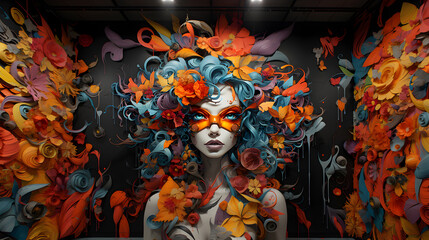 Spray painted graffiti on the wall. Beautiful woman in a mask wearing wig of flowers. © Jan