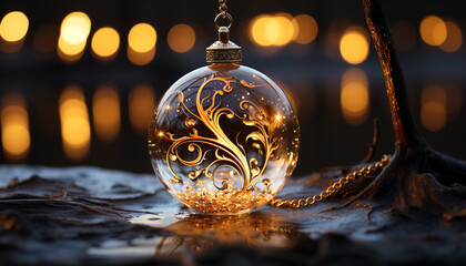 Shiny gold Christmas ornament illuminates dark winter night, glowing bright generated by AI