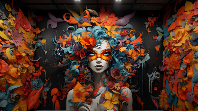 Spray painted graffiti on the wall. Beautiful woman in a mask wearing wig of flowers.