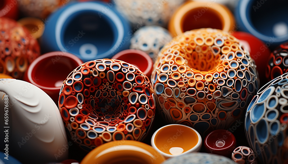 Poster earthenware ceramics in ornate shapes arranged in a large stack generated by ai
