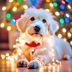 Cute white dog tangled in Christmas holiday light string