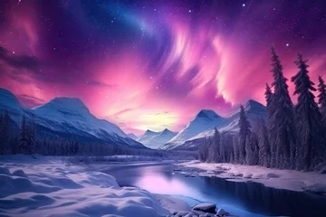 Fotobehang aurora boreal sky over a landscape with snow Generative AI © sean