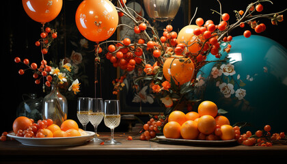 Obraz na płótnie Canvas Fresh fruit and wine on wooden table for indoor celebration generated by AI
