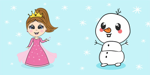 Cute princess wering a pink dress drawing illustration - A white and cute snowman character