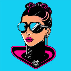 Cyberpunk science fiction poster. Colorful vector illustration of beautiful girl in sunglasses on bright background.