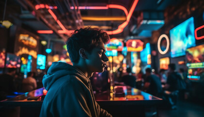 Smiling man enjoys nightlife at illuminated bar with drink establishment generated by AI