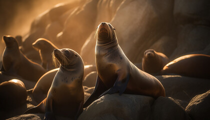 A group of cute fur seals resting on the rocks generated by AI - obrazy, fototapety, plakaty