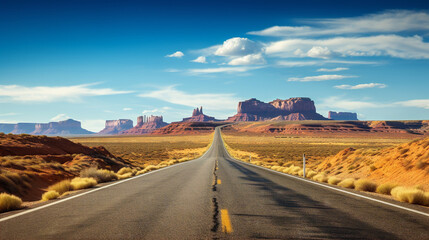 Fototapeta na wymiar A picturesque American desert road landscape showcasing the timeless beauty of nature in raw style.