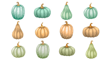 Large set of pumpkins of various shapes in pastel colors. Watercolor elements for autumn design. Thanksgiving, Halloween, Harvest.