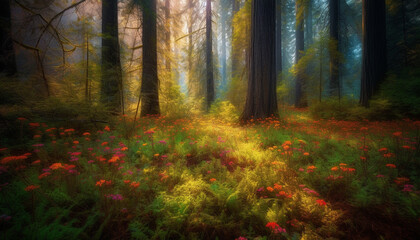 Obraz premium Vibrant autumn meadow, sun kissed wildflowers, tranquil beauty in nature generated by AI