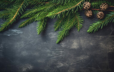 Fir branches xmas toys background with copy space