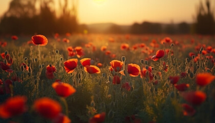 Vibrant wildflowers bloom in tranquil meadow at sunrise over horizon generated by AI