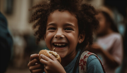 Naklejka premium Smiling child enjoying sweet food outdoors with cheerful friends playing generated by AI