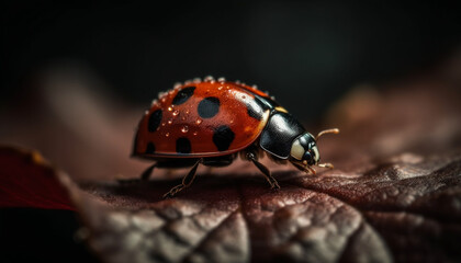Spotted ladybug crawls on green leaf, beauty in nature magnified generated by AI