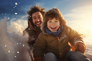 Fototapeta na wymiar Snowy Adventure: A Father and Son Embracing the Joy of Sledding on a Sunny Winter Morning.