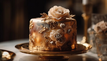Obraz na płótnie Canvas Indulgent chocolate wedding cake with elegant floral decoration and candlelight generated by AI