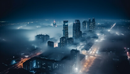 Fototapeta na wymiar Futuristic cityscape at dusk, illuminated by blue lighting equipment generated by AI