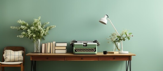 Typewriter on wooden desk in writer s workspace with green wall