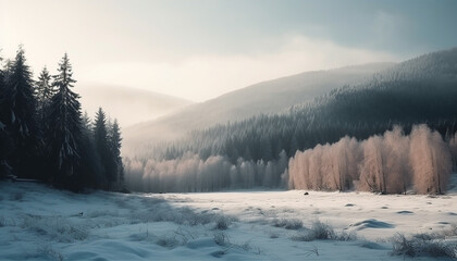 Tranquil autumn meadow, mountain peak, and coniferous tree panorama generated by AI