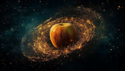 Obraz na płótnie Canvas Ripe apple levitates in space, a glowing gourmet snack generated by AI
