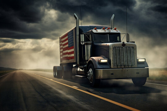An iconic American truck speeding down a busy highway, surrounded by breathtaking scenery and trees.