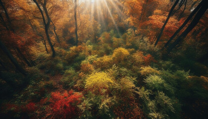 Vibrant autumn landscape multi colored trees, yellow leaves, tranquil outdoors generated by AI