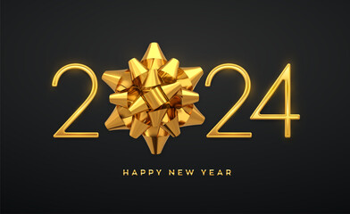 Fototapeta na wymiar Happy New 2024 Year. Golden metallic luxury numbers 2024 with golden gift bow. Realistic sign for greeting card. Festive poster or holiday banner design. Vector illustration.