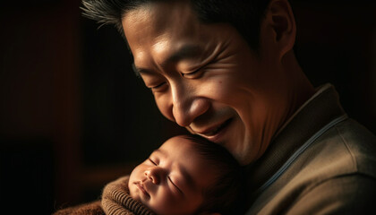 Father embracing newborn son, a portrait of love and bonding generated by AI