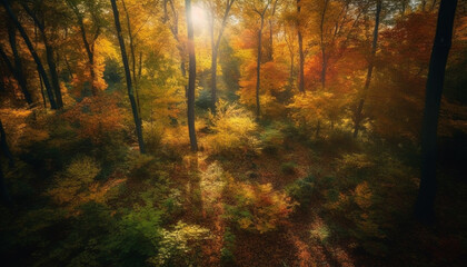 Vibrant autumn forest, tranquil sunrise, multi colored leaves, natural beauty generated by AI