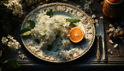 Rustic table setting with fresh fruit, flower bouquet, and organic meal generated by AI