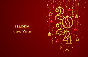 Fototapeta na wymiar Happy New 2024 Year. Hanging Golden metallic numbers 2024 with shining 3D metallic stars, balls and confetti on red background. New Year greeting card, banner template. Realistic Vector illustration.