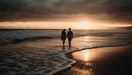 A romantic couple walks at dawn, embracing nature beauty together generated by AI