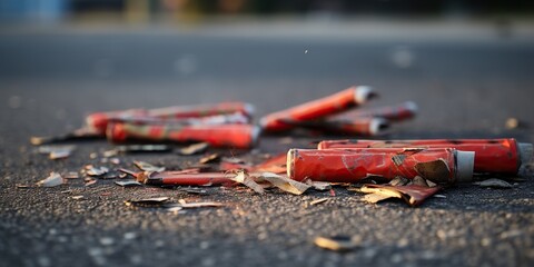 Used fireworks firecrackers lie on asphalt, concept of Spent pyrotechnics - obrazy, fototapety, plakaty
