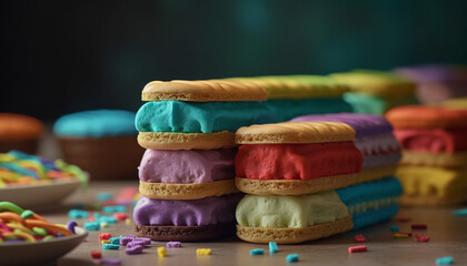 Fototapeta na wymiar Vibrant colors decorate homemade gourmet macaroon stack for celebration indulgence generated by AI