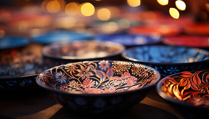 Vibrant colors illuminate ornate pottery for traditional celebration indoors generated by AI