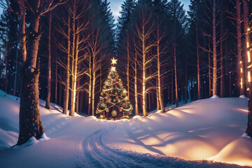 beautiful Christmas tree in the forest decorated with light toys for the New Year holiday, AI generated