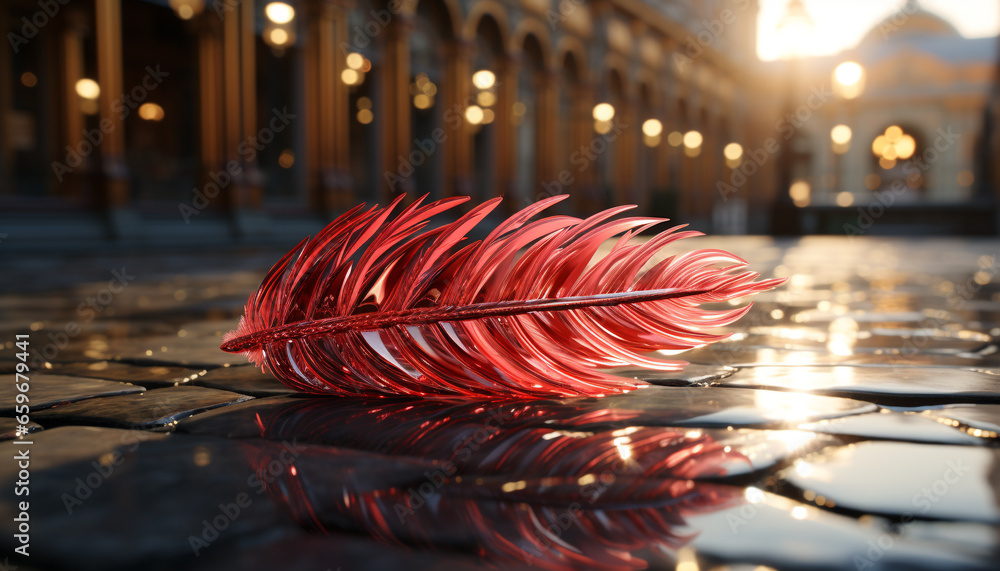 Poster shiny leaf drop reflects illuminated architecture in wet nature generated by ai