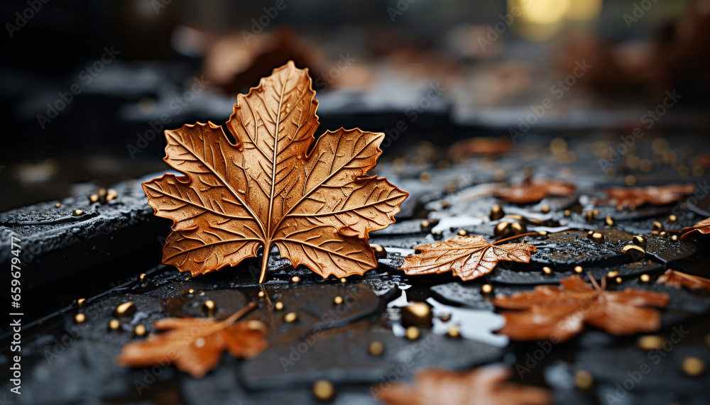 Poster rustic autumn table decoration with organic maple tree pattern falling generated by ai