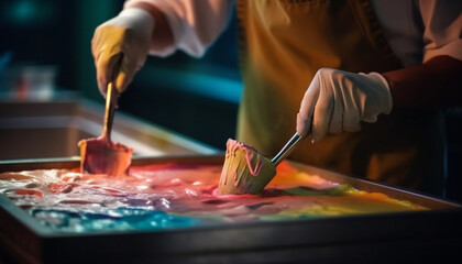 Fototapeta premium One person, a caucasian chef, skillfully prepares gourmet sweet dessert generated by AI