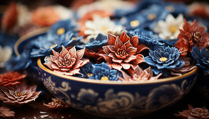 Organic floral collection in rustic bowl brings relaxation indoors generated by AI